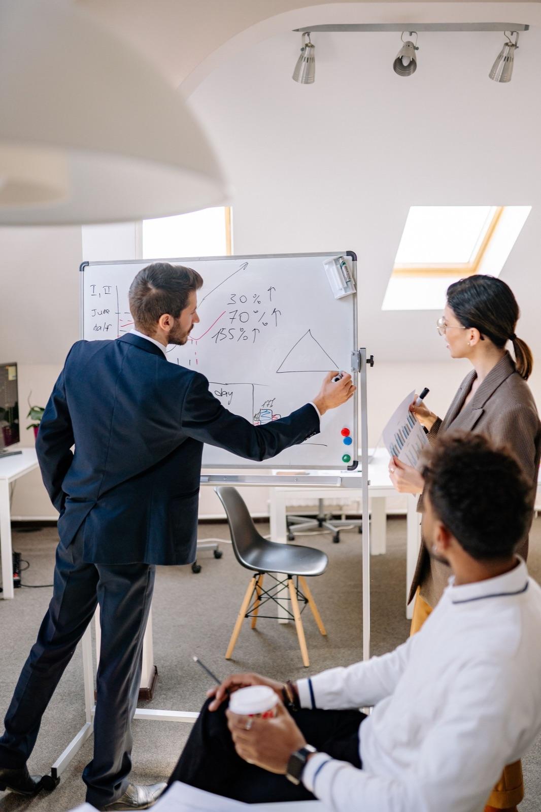 Team plotting growth targets on a whiteboard